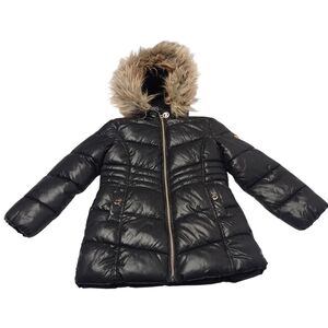 Michael Kors Kids Black Hooded Puffer Jacket Faux Fur Trim Size 5/6 Girls